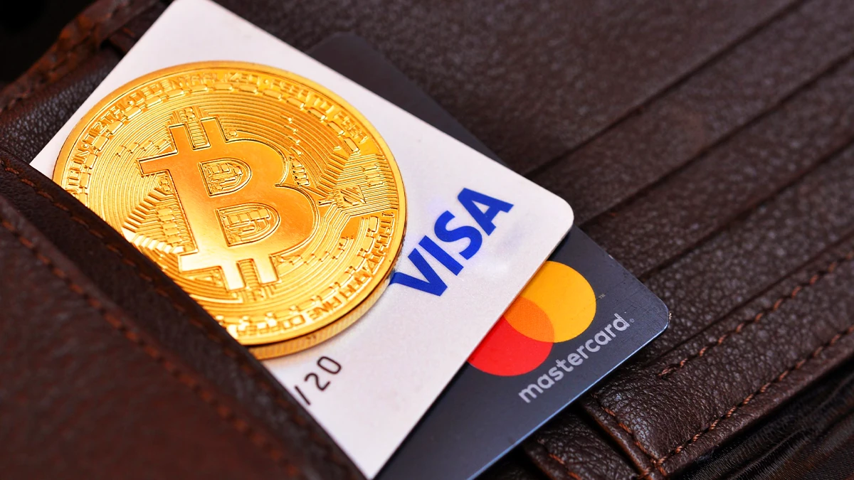 portafoglio con carta visa, mastercard, criptovalute