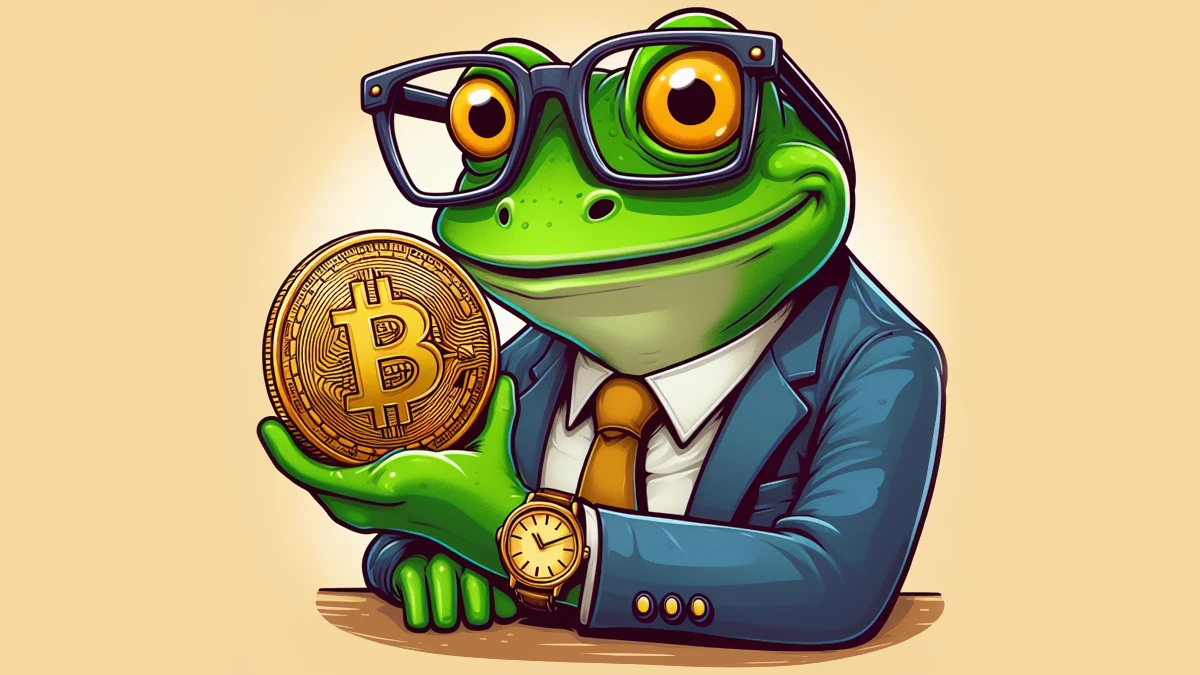 illustrazione di una rana con occhiali e vestito elegante che tiene in mano un bitcoin