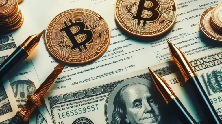 tasse americane con banconota dollare e moneta bitcoin